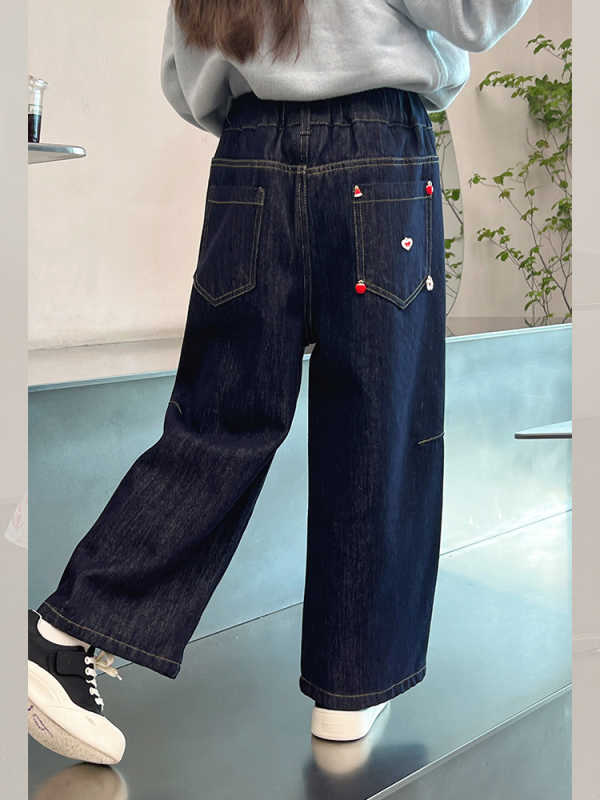 Laste Korea-stiilis sirged teksapüksid, puuvillaseguse kangas, keskmise kõrgusega vöö, talveriietus