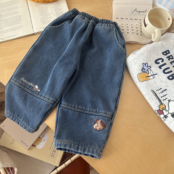 Poiste džinsid fleece-vooderdusega, Korea stiilis, puuvill 50%, pehme töötlus, karikatuur muster, sügis-talv