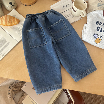 Poiste džinsid fleece-vooderdusega, Korea stiilis, puuvill 50%, pehme töötlus, karikatuur muster, sügis-talv