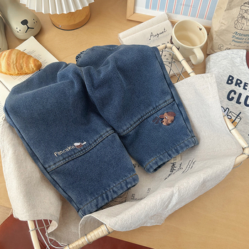 Poiste džinsid fleece-vooderdusega, Korea stiilis, puuvill 50%, pehme töötlus, karikatuur muster, sügis-talv