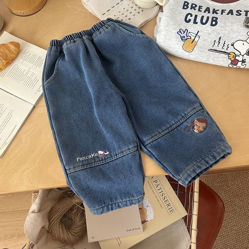 Poiste džinsid fleece-vooderdusega, Korea stiilis, puuvill 50%, pehme töötlus, karikatuur muster, sügis-talv