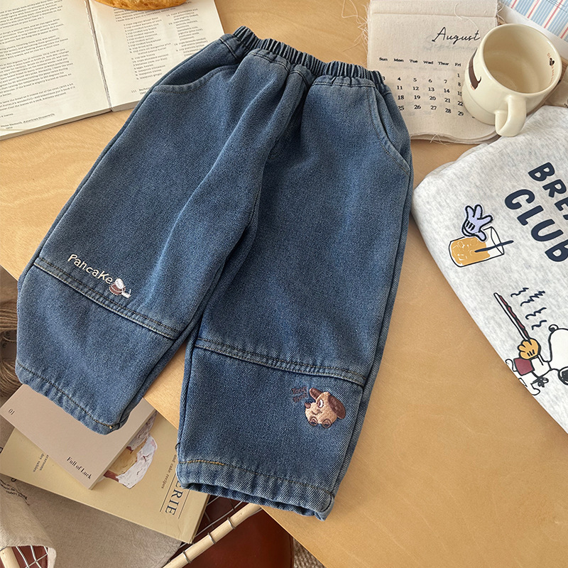 Poiste džinsid fleece-vooderdusega, Korea stiilis, puuvill 50%, pehme töötlus, karikatuur muster, sügis-talv