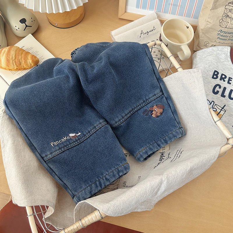 Poiste džinsid fleece-vooderdusega, Korea stiilis, puuvill 50%, pehme töötlus, karikatuur muster, sügis-talv