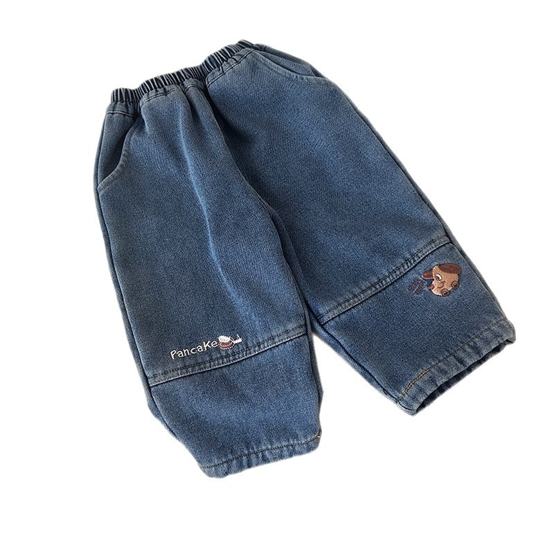 Poiste džinsid fleece-vooderdusega, Korea stiilis, puuvill 50%, pehme töötlus, karikatuur muster, sügis-talv