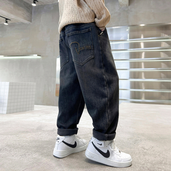 Dječje traperice za dječake, korejski stil, pamuk 70%, enzimsko pranje, srednji pojas, elastičan pojas, otisak s slovima, za djecu preko 8 godina, proljeće/jesen/zima