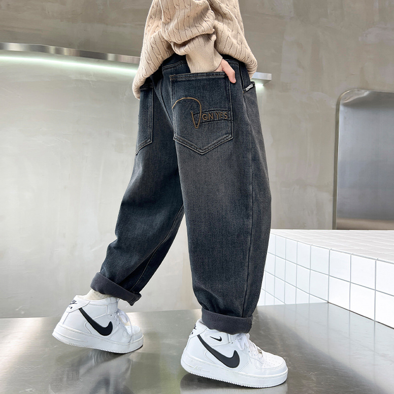 Dječje traperice za dječake, korejski stil, pamuk 70%, enzimsko pranje, srednji pojas, elastičan pojas, otisak s slovima, za djecu preko 8 godina, proljeće/jesen/zima