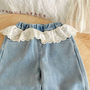 Dječje traperice u korejskom stilu s fleece podstavom, 90% pamuk, karikaturni uzorak, srednji pojas s gumom, šivanje panelima