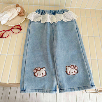 Dječje traperice u korejskom stilu s fleece podstavom, 90% pamuk, karikaturni uzorak, srednji pojas s gumom, šivanje panelima