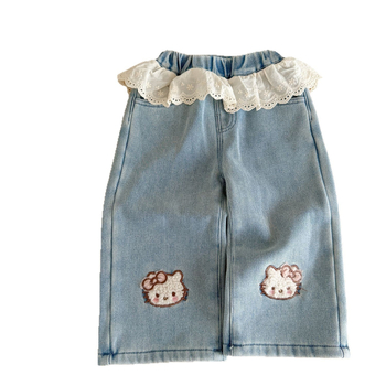 Dječje traperice u korejskom stilu s fleece podstavom, 90% pamuk, karikaturni uzorak, srednji pojas s gumom, šivanje panelima