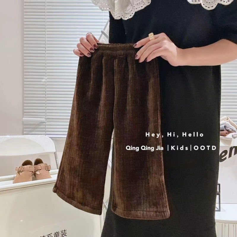 Dječje traperice u korejskom stilu s fleece podstavom, 90% pamuk, karikaturni uzorak, srednji pojas s gumom, šivanje panelima