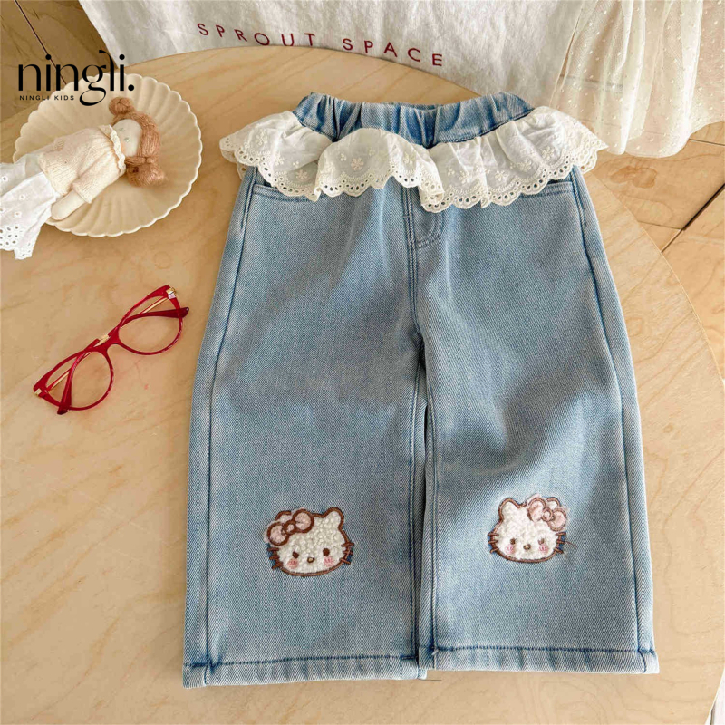 Dječje traperice u korejskom stilu s fleece podstavom, 90% pamuk, karikaturni uzorak, srednji pojas s gumom, šivanje panelima