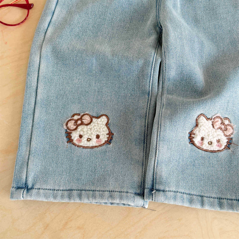 Dječje traperice u korejskom stilu s fleece podstavom, 90% pamuk, karikaturni uzorak, srednji pojas s gumom, šivanje panelima