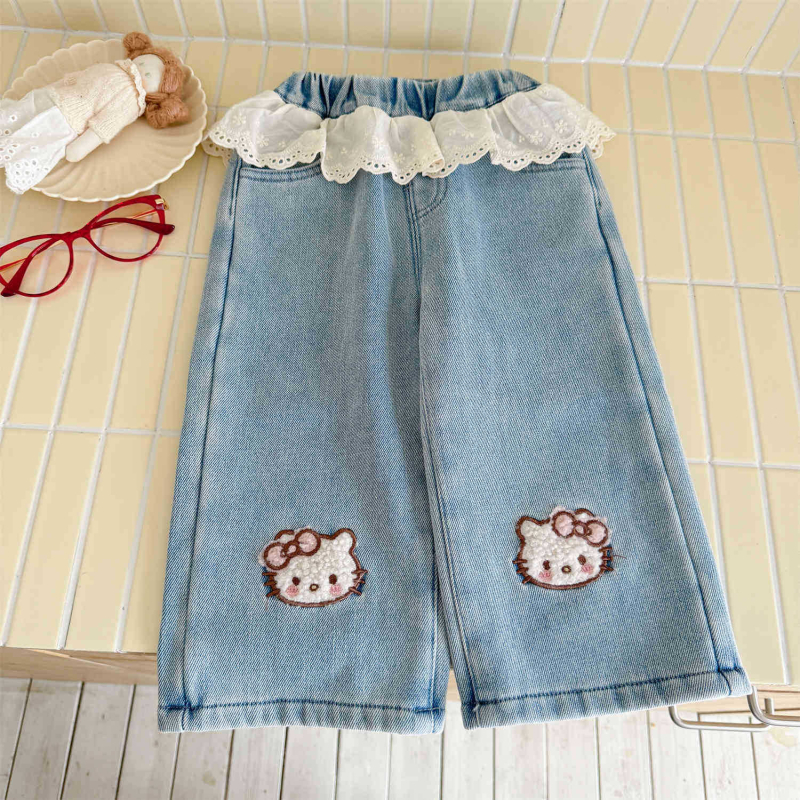 Dječje traperice u korejskom stilu s fleece podstavom, 90% pamuk, karikaturni uzorak, srednji pojas s gumom, šivanje panelima