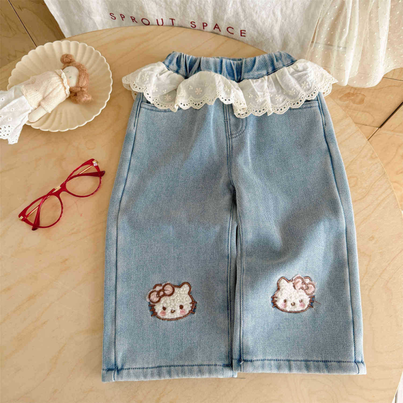 Dječje traperice u korejskom stilu s fleece podstavom, 90% pamuk, karikaturni uzorak, srednji pojas s gumom, šivanje panelima