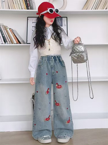 Dječje traperice za djevojčice s karikaturnim uzorkom, pamukast materijal, 50% pamuk, srednji pojas s elastikom