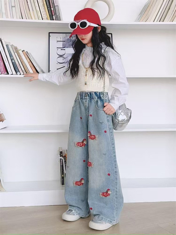 Dječje traperice za djevojčice s karikaturnim uzorkom, pamukast materijal, 50% pamuk, srednji pojas s elastikom