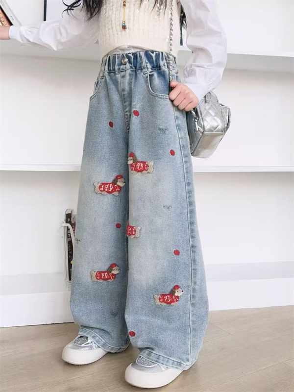 Dječje traperice za djevojčice s karikaturnim uzorkom, pamukast materijal, 50% pamuk, srednji pojas s elastikom