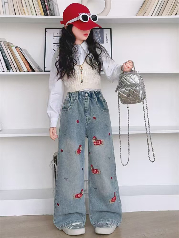 Dječje traperice za djevojčice s karikaturnim uzorkom, pamukast materijal, 50% pamuk, srednji pojas s elastikom