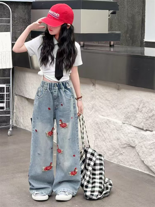 Dječje traperice za djevojčice s karikaturnim uzorkom, pamukast materijal, 50% pamuk, srednji pojas s elastikom