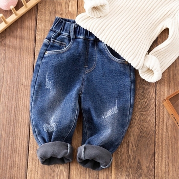 Dječje traperice s flis podstavom, unisex, denim od pamuka i sintetičkih vlakana, debeli i topli, srednja visina struka s elastičnim pojasom, uzrast 3–8 godina