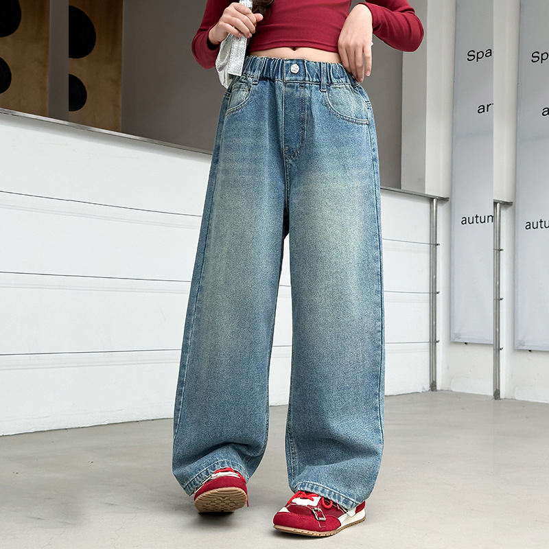 Blugi din denim pentru copii, imprimeu Cartoon, talie înaltă, bandă elastică