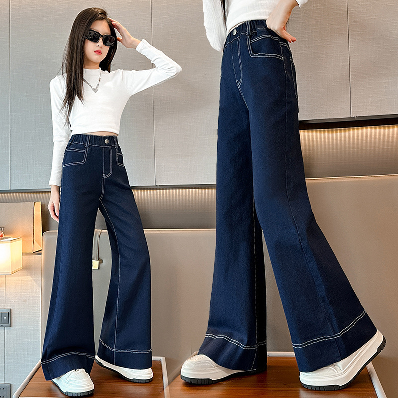 Dječje hlače za djevojčice u korejskom stilu, široke nogavice, traperice, 70% pamuk, jednobojne