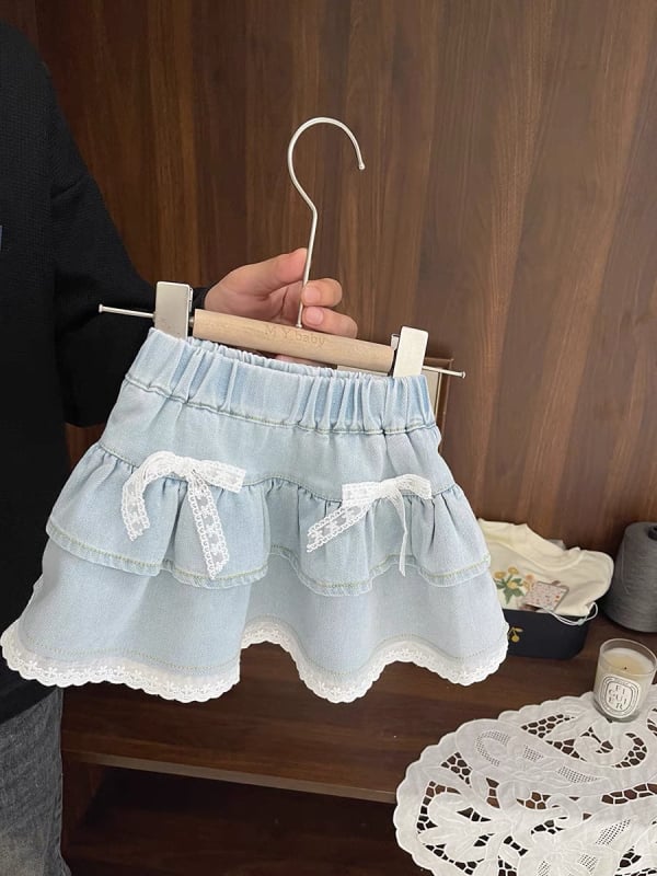 Mergaitėms džinsinė sijonėlis su nėrinių kaspinu, korėjietiško stiliaus, 70% medvilnė, pamušalas 30–50%, 3–8 metų amžiaus, vasara 2024