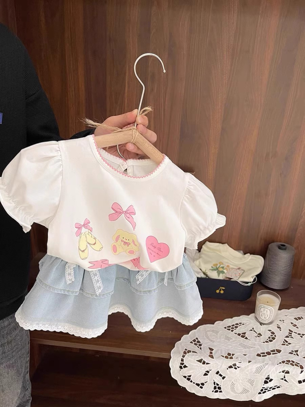 Mergaitėms džinsinė sijonėlis su nėrinių kaspinu, korėjietiško stiliaus, 70% medvilnė, pamušalas 30–50%, 3–8 metų amžiaus, vasara 2024