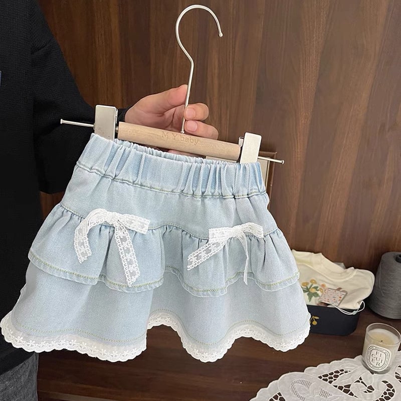 Mergaitėms džinsinė sijonėlis su nėrinių kaspinu, korėjietiško stiliaus, 70% medvilnė, pamušalas 30–50%, 3–8 metų amžiaus, vasara 2024