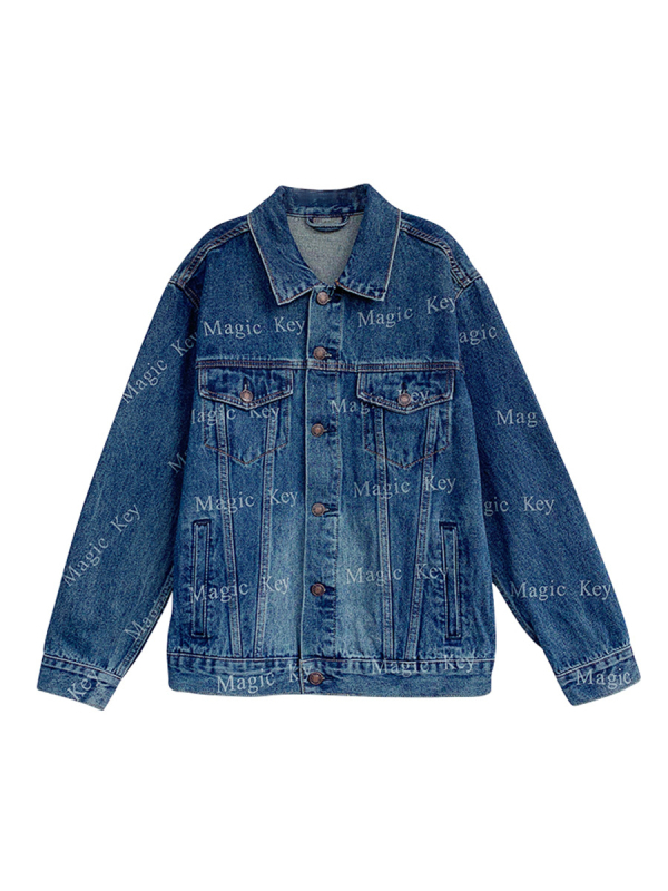 Sievietēm retro džinsa jaka ar burtiem drukā, polo apkakle, brīvs piegriezums, garas piedurknes, rudens 2025, 90–95% kokvilna, <30% poliesters