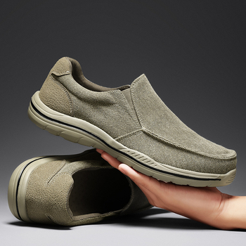 Mocasini de bărbați din pânză, slip-on, vârf rotund, talpă din cauciuc, călcâi înclinat mic 1–3 cm, branț EVA respirabil