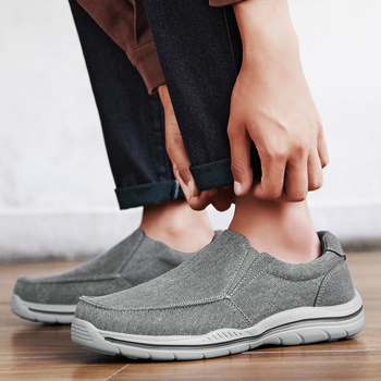 Mocasini de bărbați din pânză, slip-on, vârf rotund, talpă din cauciuc, călcâi înclinat mic 1–3 cm, branț EVA respirabil