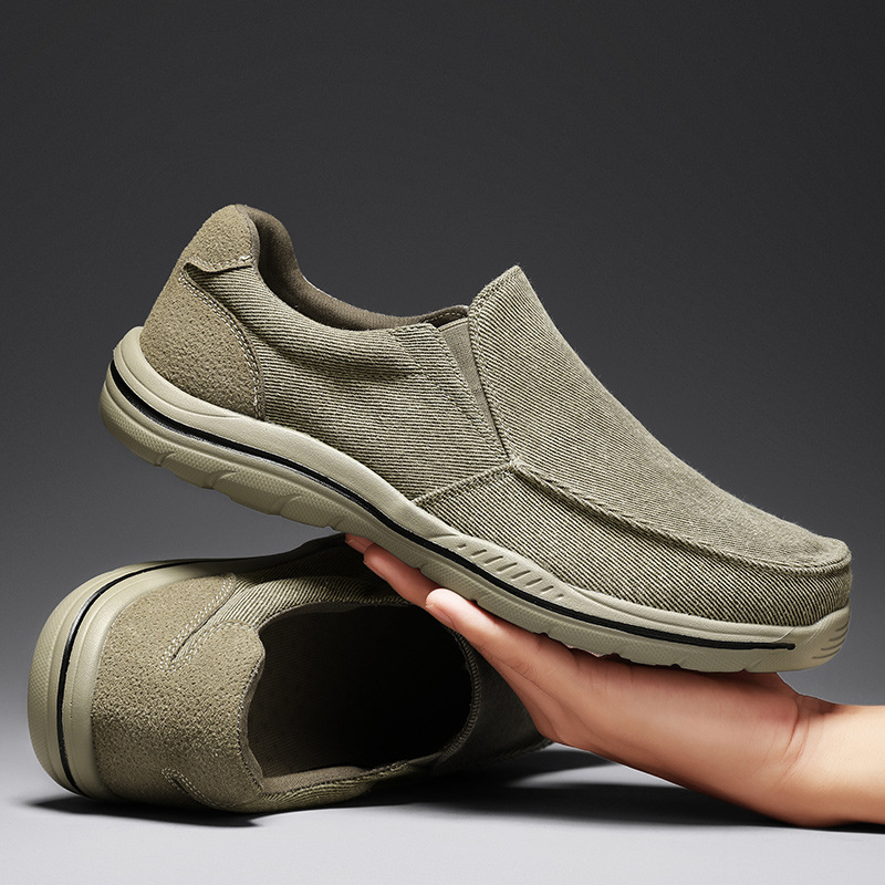 Mocasini de bărbați din pânză, slip-on, vârf rotund, talpă din cauciuc, călcâi înclinat mic 1–3 cm, branț EVA respirabil