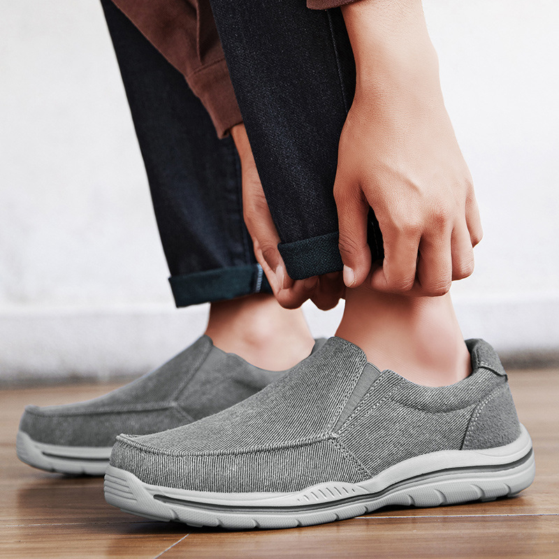 Mocasini de bărbați din pânză, slip-on, vârf rotund, talpă din cauciuc, călcâi înclinat mic 1–3 cm, branț EVA respirabil