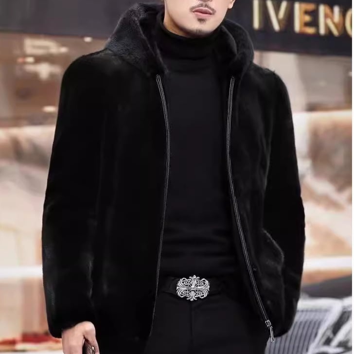 Meeste talve mantel kunstlikust norkast, kaelus lapelliga, ees tõmblukk, sirge lõige