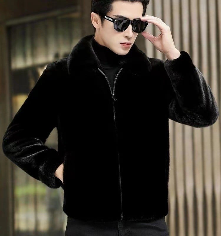 Meeste talve mantel kunstlikust norkast, kaelus lapelliga, ees tõmblukk, sirge lõige