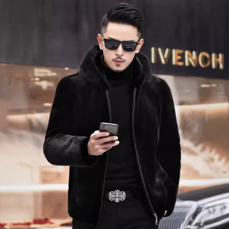 Meeste talve mantel kunstlikust norkast, kaelus lapelliga, ees tõmblukk, sirge lõige