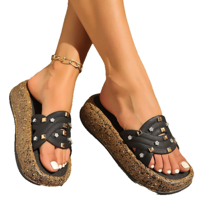 Naistele sandaalid ristpõimikute ja kristallidega, klina platvorm, libisemiskindel tald, PVC ülemine ja tald, ümmargune varvas, ilma voodrita, kevad 2025