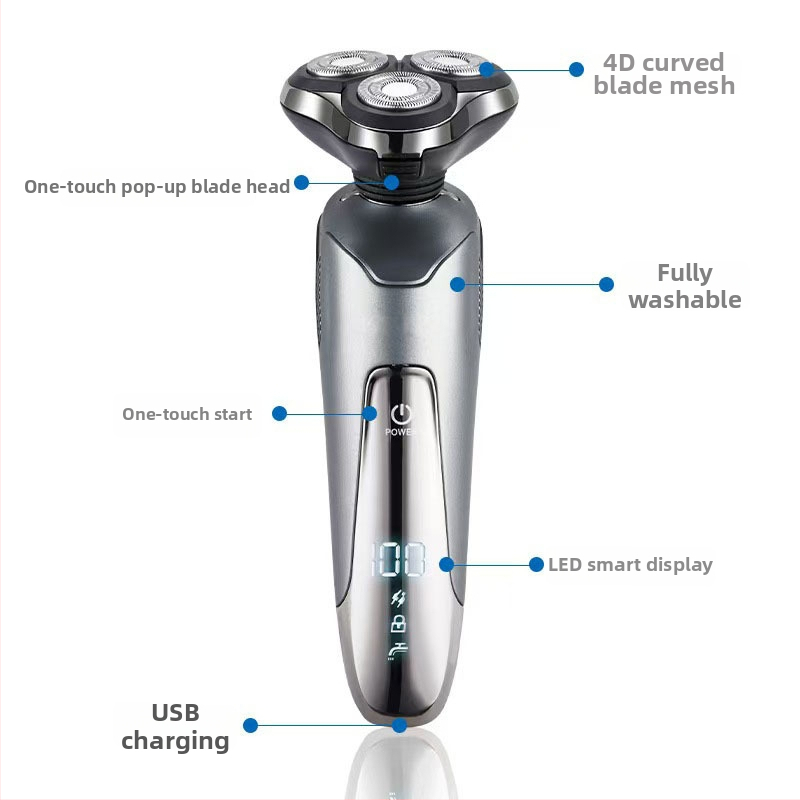 Elektriline habemenuga integreeritud ninakarva trimmeriga — USB laadimine, pöörlev 3-lõiguline pea, märg- ja kuivkasutus, LED-ekraan
