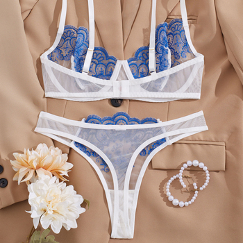 Siuvinėtas nėrinių gėlių komplektas – liemenėlė ir kelnaitės, 3/4 taurė, fiksuoti dvigubi dirželiai, kvėpuojantis