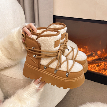Ženske snježne čizme - visoki gornji dio od velura, gumeni potplat, pliš unutrašnjost, debeli potplat, vezanje