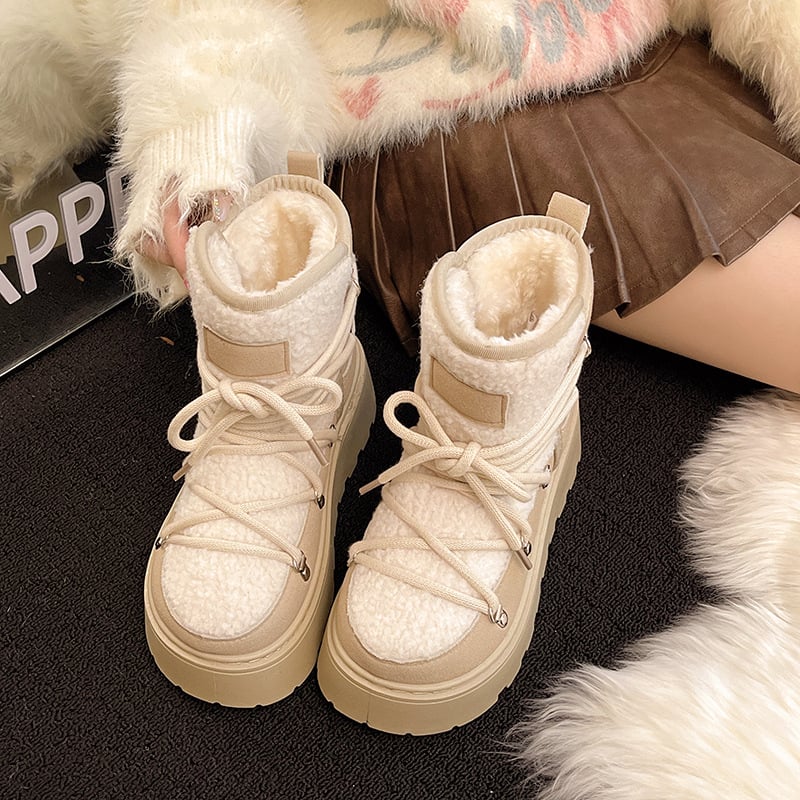 Ženske snježne čizme - visoki gornji dio od velura, gumeni potplat, pliš unutrašnjost, debeli potplat, vezanje