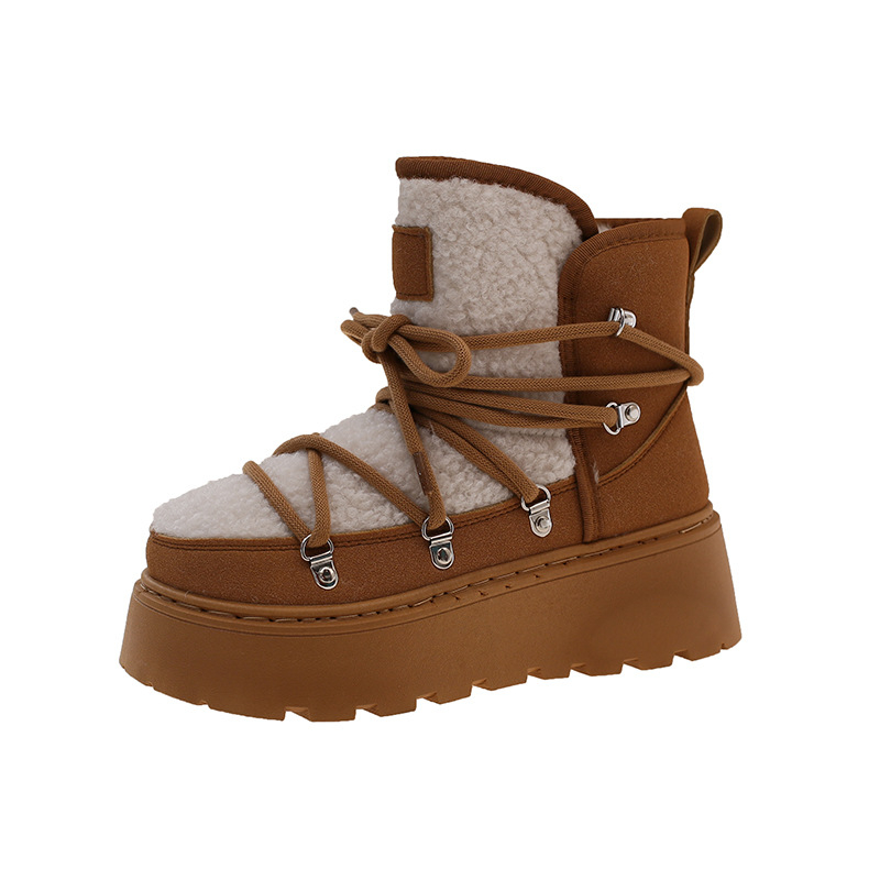 Ženske snježne čizme - visoki gornji dio od velura, gumeni potplat, pliš unutrašnjost, debeli potplat, vezanje