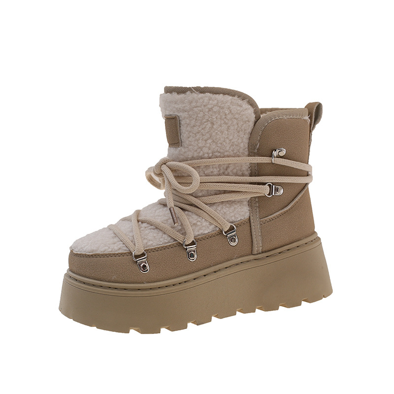 Ženske snježne čizme - visoki gornji dio od velura, gumeni potplat, pliš unutrašnjost, debeli potplat, vezanje