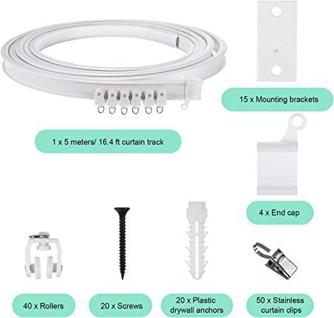 Извита релса за завеси със стоманено-пластмасови клипове - безшумен плъзгащ механизъм, гъвкава U-образна и L-образна конфигурация, подходяща за всички завеси