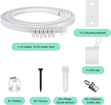 Извита релса за завеси със стоманено-пластмасови клипове - безшумен плъзгащ механизъм, гъвкава U-образна и L-образна конфигурация, подходяща за всички завеси