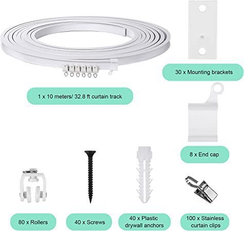 Извита релса за завеси със стоманено-пластмасови клипове - безшумен плъзгащ механизъм, гъвкава U-образна и L-образна конфигурация, подходяща за всички завеси