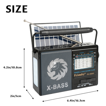 FR-182US Nešiojamas saulės energijos radijas su žibintuvėliu, daugiajuostis AM/FM/SW1-6, skaitmeninis nustatymas, MP3
