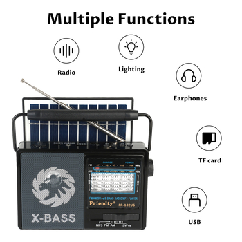 FR-182US Nešiojamas saulės energijos radijas su žibintuvėliu, daugiajuostis AM/FM/SW1-6, skaitmeninis nustatymas, MP3
