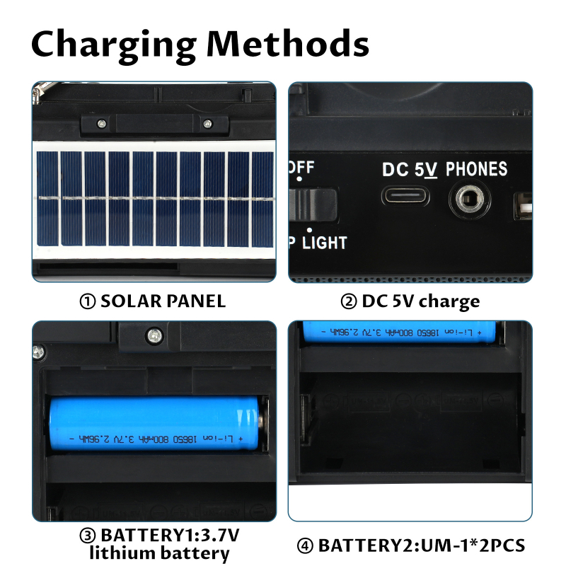 FR-182US Nešiojamas saulės energijos radijas su žibintuvėliu, daugiajuostis AM/FM/SW1-6, skaitmeninis nustatymas, MP3
